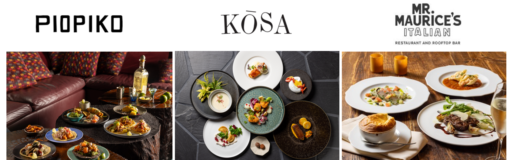 左から「PIOPIKO」、「KŌSA」、「 Mr. Maurice’s Italian & Rooftop Bar」クリスマス期間限定コースメニュー イメージ