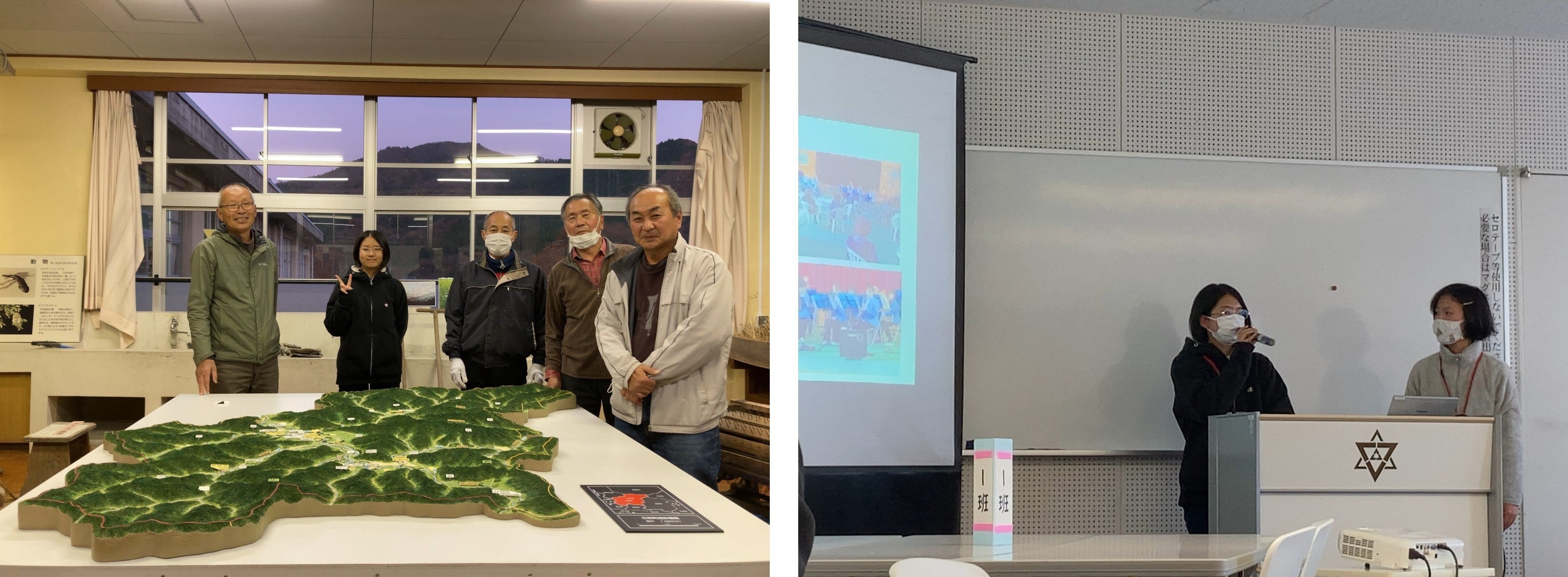 旧川合小学校で作業をしたときと最終報告会で発表したときの様子