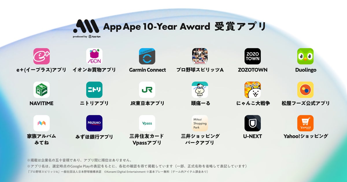 10年間成長を続けたアプリ18本が決定 フラーが「App Ape 10-Year Award」を発表