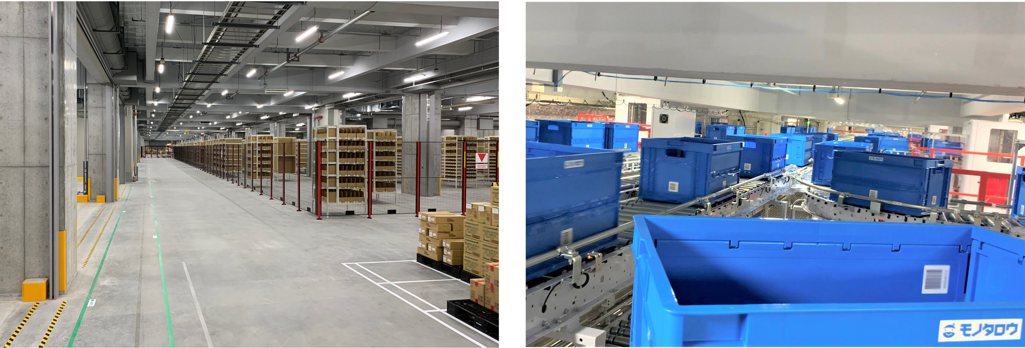 (左)入荷品搬送エリア、(右)コンベアを行きかうコンテナ