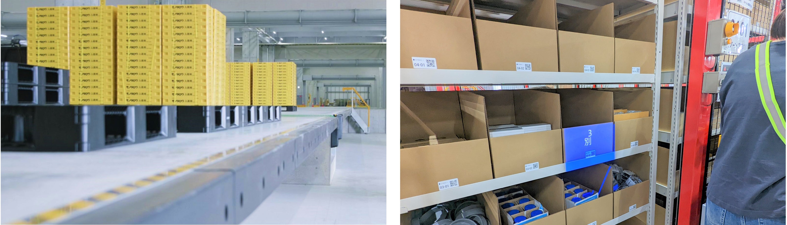 (左)入荷バース、(右)ピッキング位置と数を知らせるプロジェクションマッピング