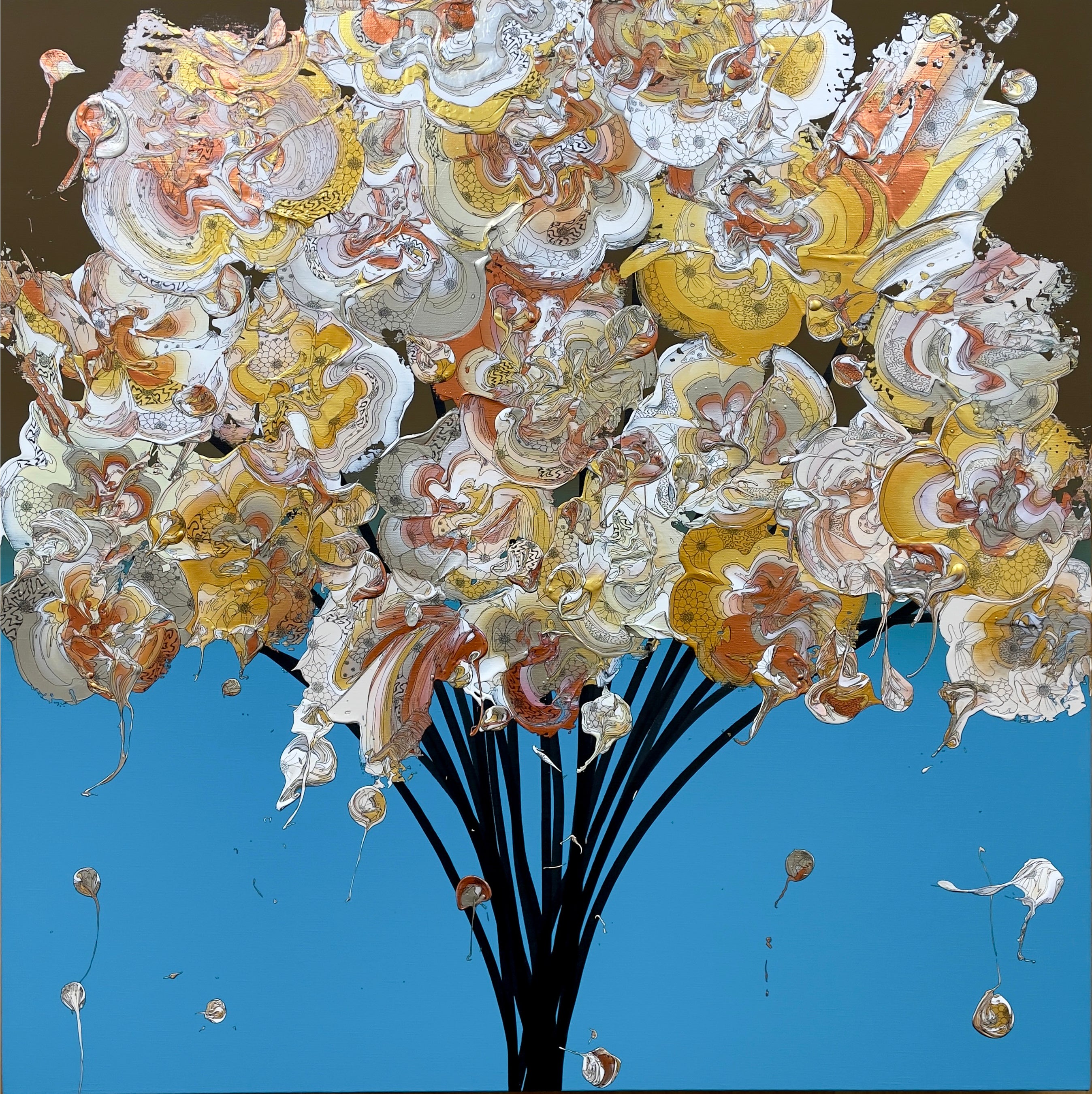 奥田雄太「Abstract Bouquet 220531 (Sky Blue Gradation x Gold)」Acrylic Paint, Pigment InkCanvas 910x910x30mm
