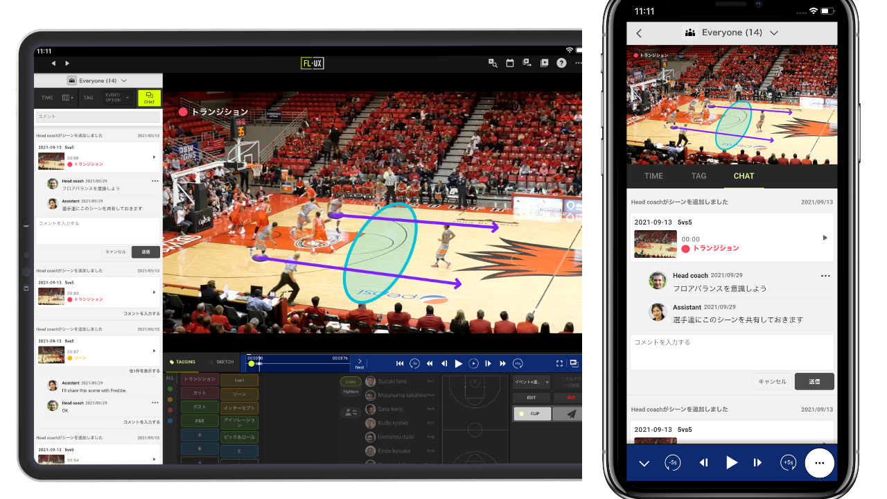 FL-UXアプリで映像を「シェア」ながらチャットをする様子