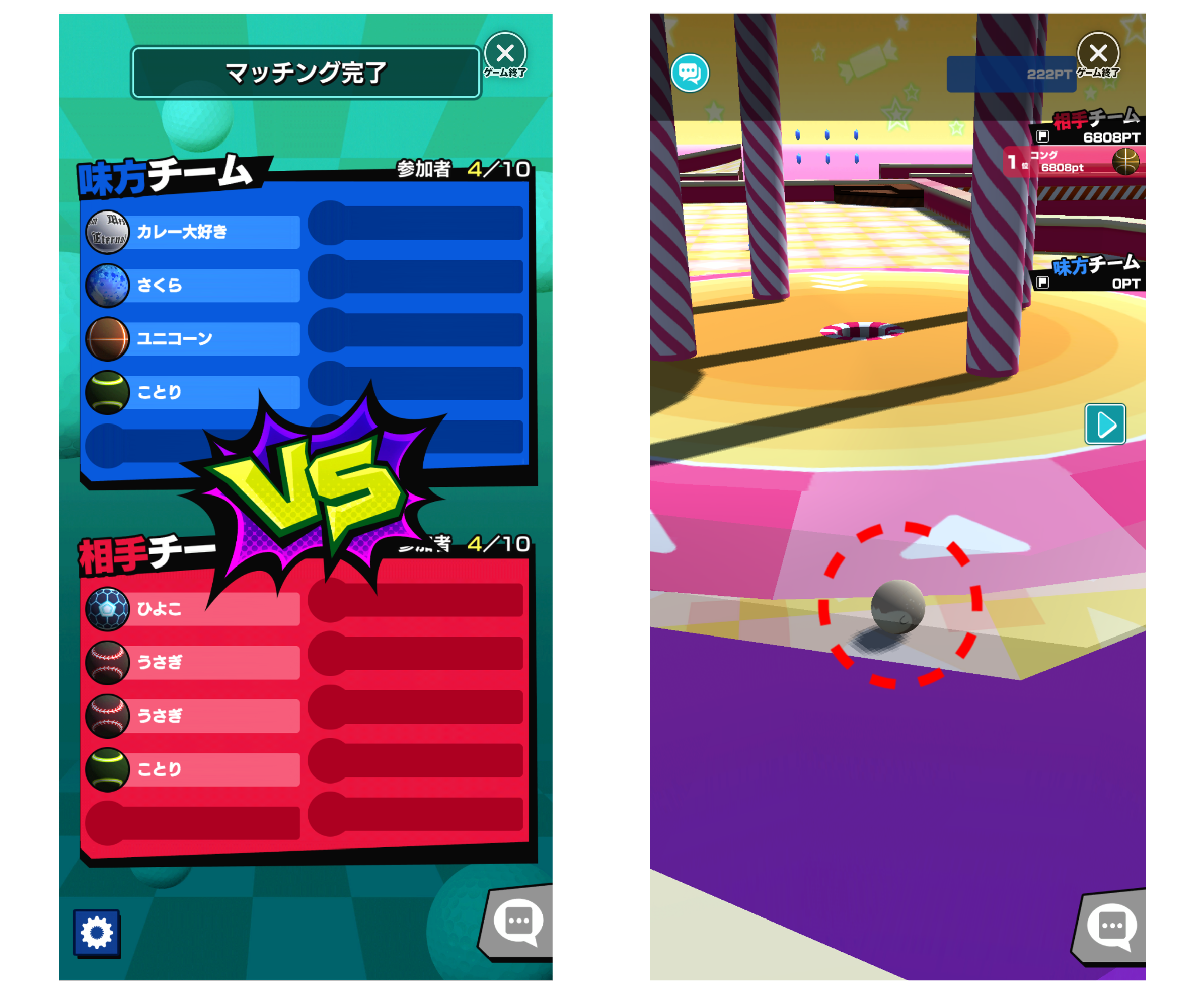  「左：チーム分け画面（配信者と視聴者が同じチームでプレイ可能）」「右：プレイ中画面（引っ張るだけの簡易操作）」