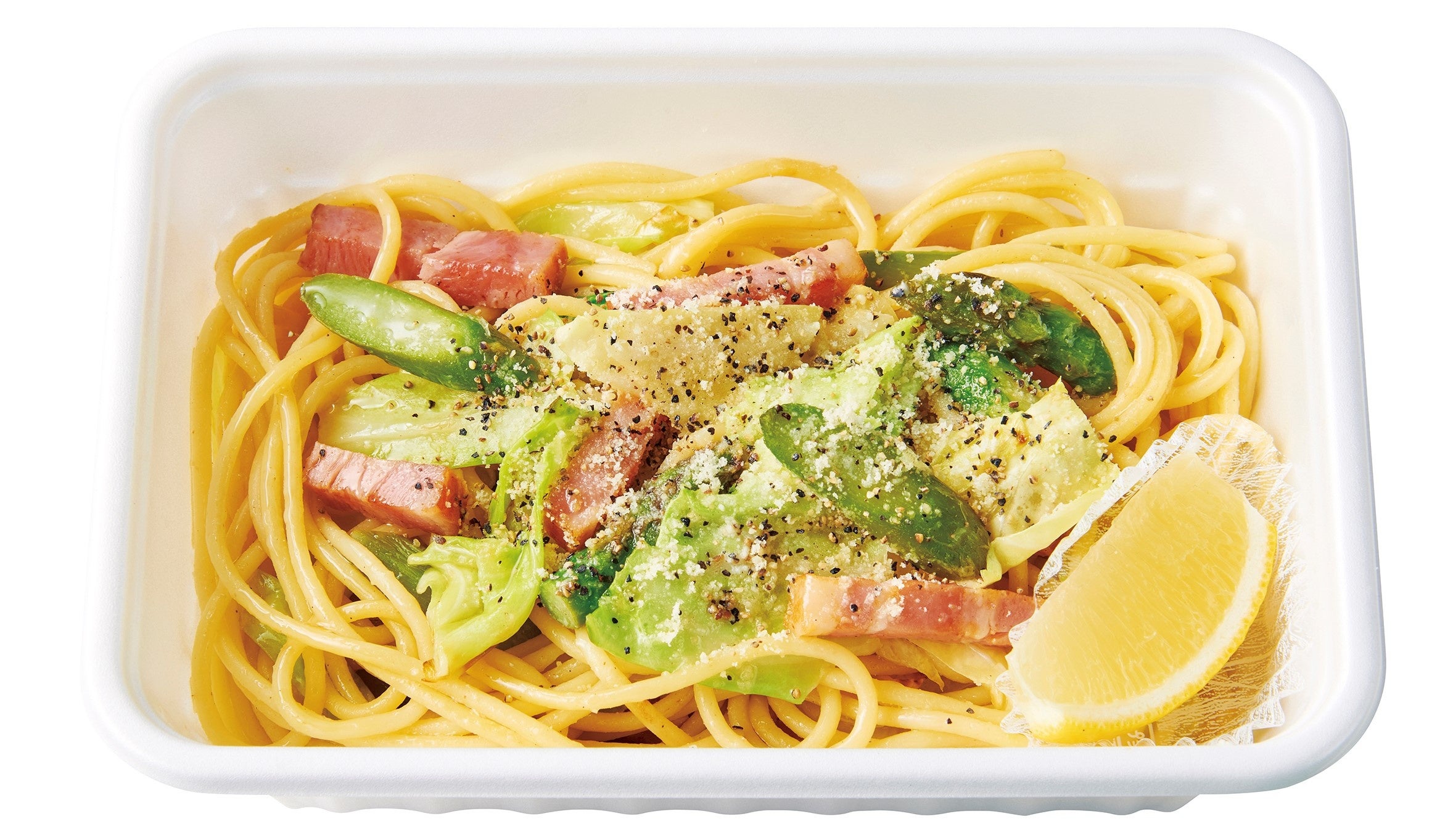 【新商品】 春野菜とベーコンの塩レモンチーズパスタ 500円