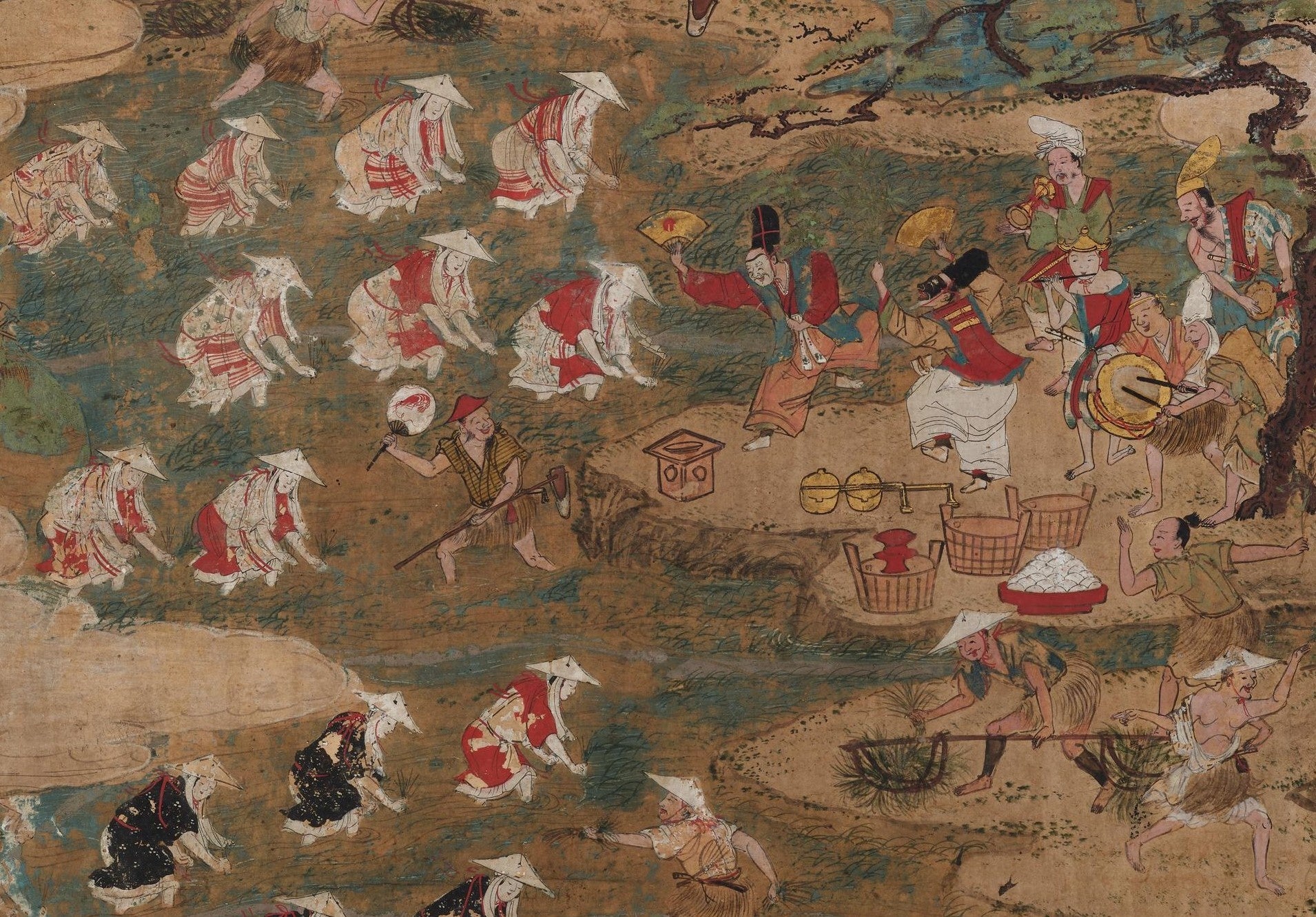 「月次風俗図屏風」 東京国立博物館蔵 出典：ColBase   田植えの風景（室町時代）