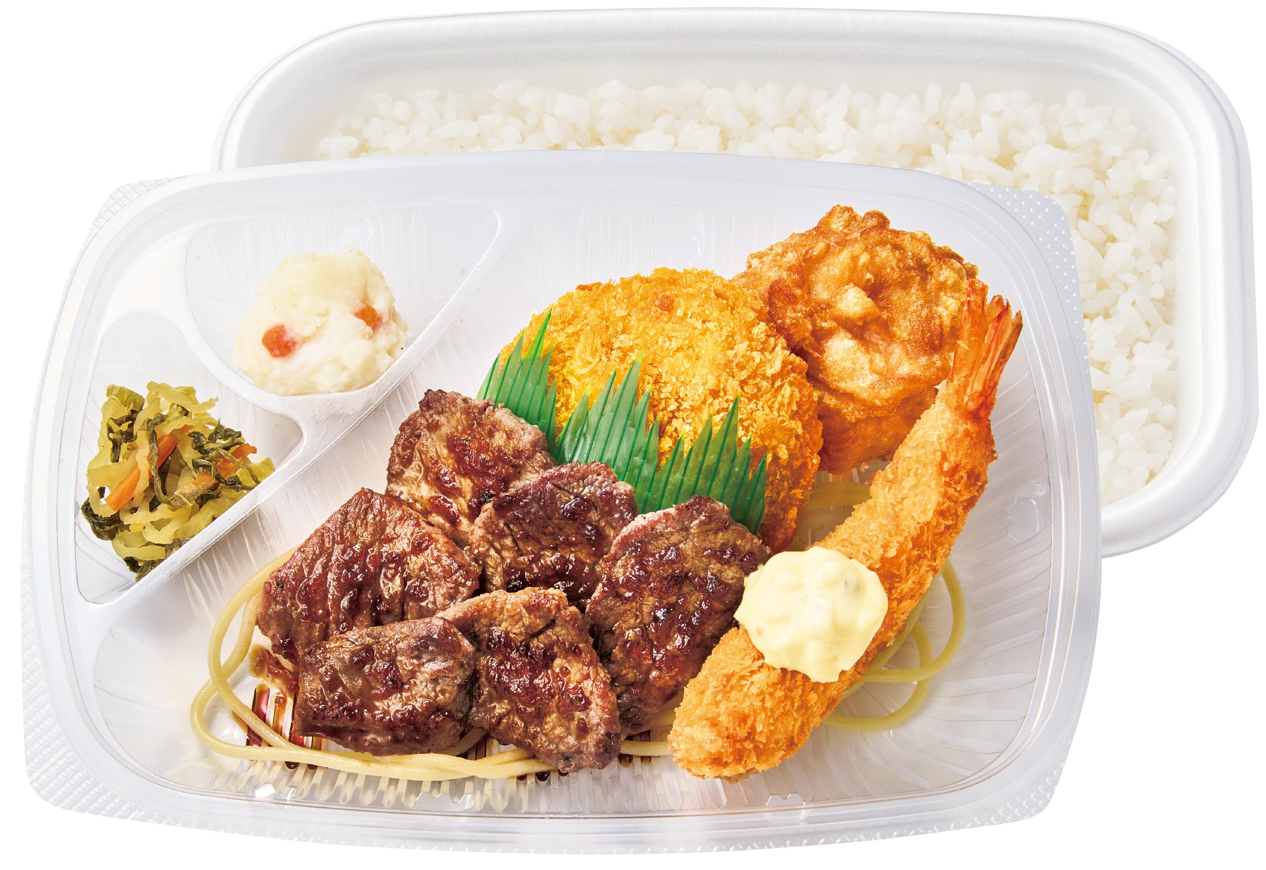 ～ステーキ・から揚・メンチカツ・エビフライ～ ハーフ・カットステーキミックス弁当 820円