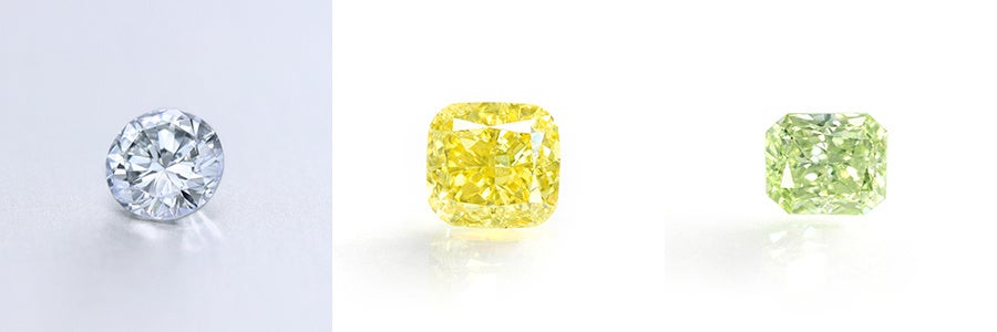 左から、ブルーダイヤモンド・イエローダイヤモンド・グリーンダイヤモンド