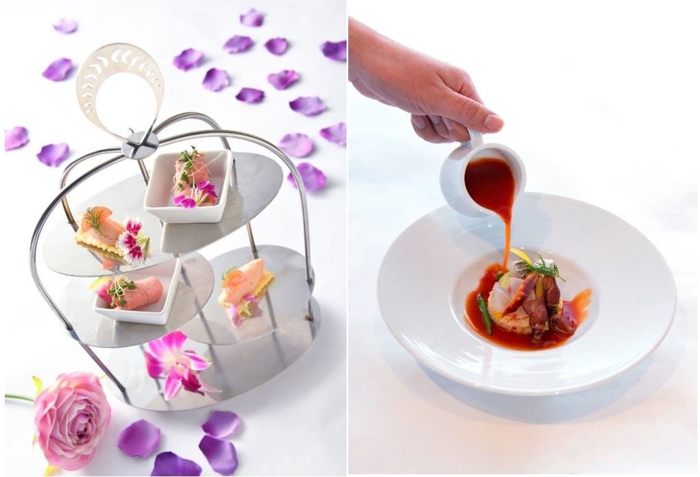 （左）シェフお勧めアミューズ 　（右）淡路の旬の魚介と香住のホタルイカ 根菜のサラダ 