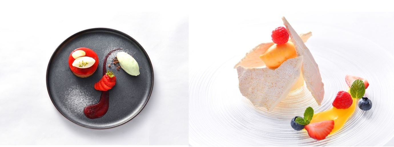 （左）ホワイトチョコムースのパブロア風柑橘のソルベと共に　（右）タタン・フレーズふきのとうグラス