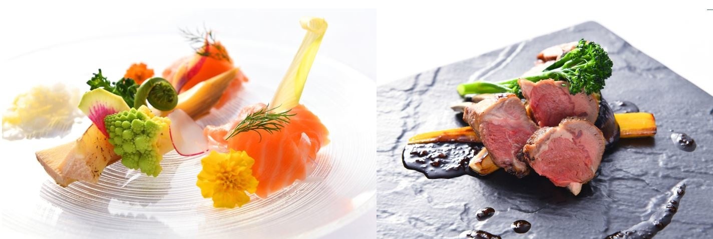 （左）姫路産白鷺サーモンのスモーク淡路玉葱のマリネ和の装い　（右）仔羊ロースのロティシェリービネガーソース