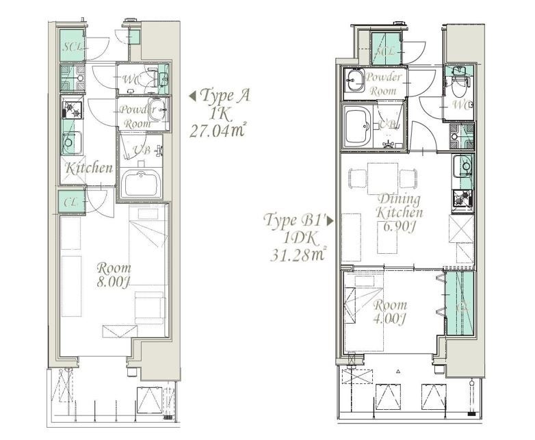 （左）Aタイプ間取り　（右）B１反転タイプ間取り
