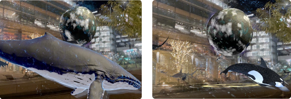 VPS技術を活用したAR（写真：DemoLab周辺エリアにて・夜間撮影）