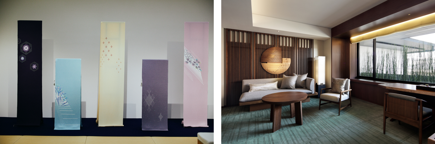 （左）細尾による選りすぐりのきものコレクション　（右）ホテル客室デラックススイート（55 - 65㎡）