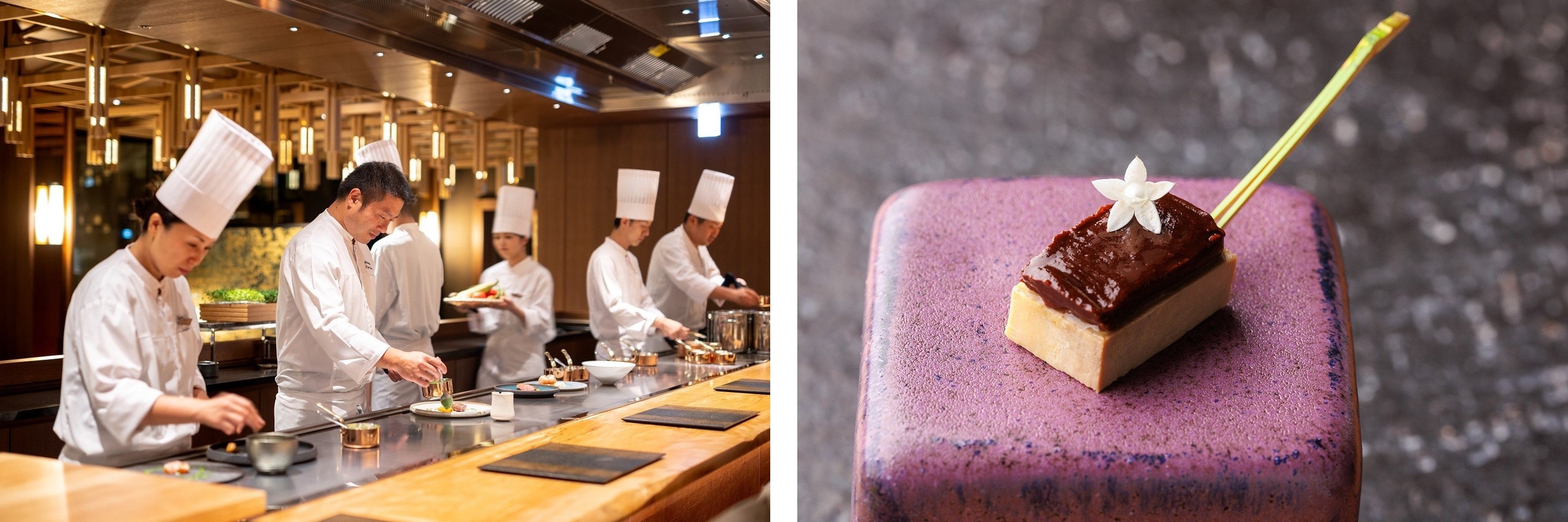 （左） 都季（TOKI）カウンター　（右）向井酒造の酒粕　フォアグラ