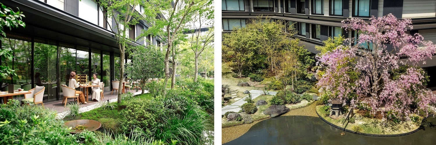 左：THE GARDEN BAR テラス席　右：春の庭園 イメージ
