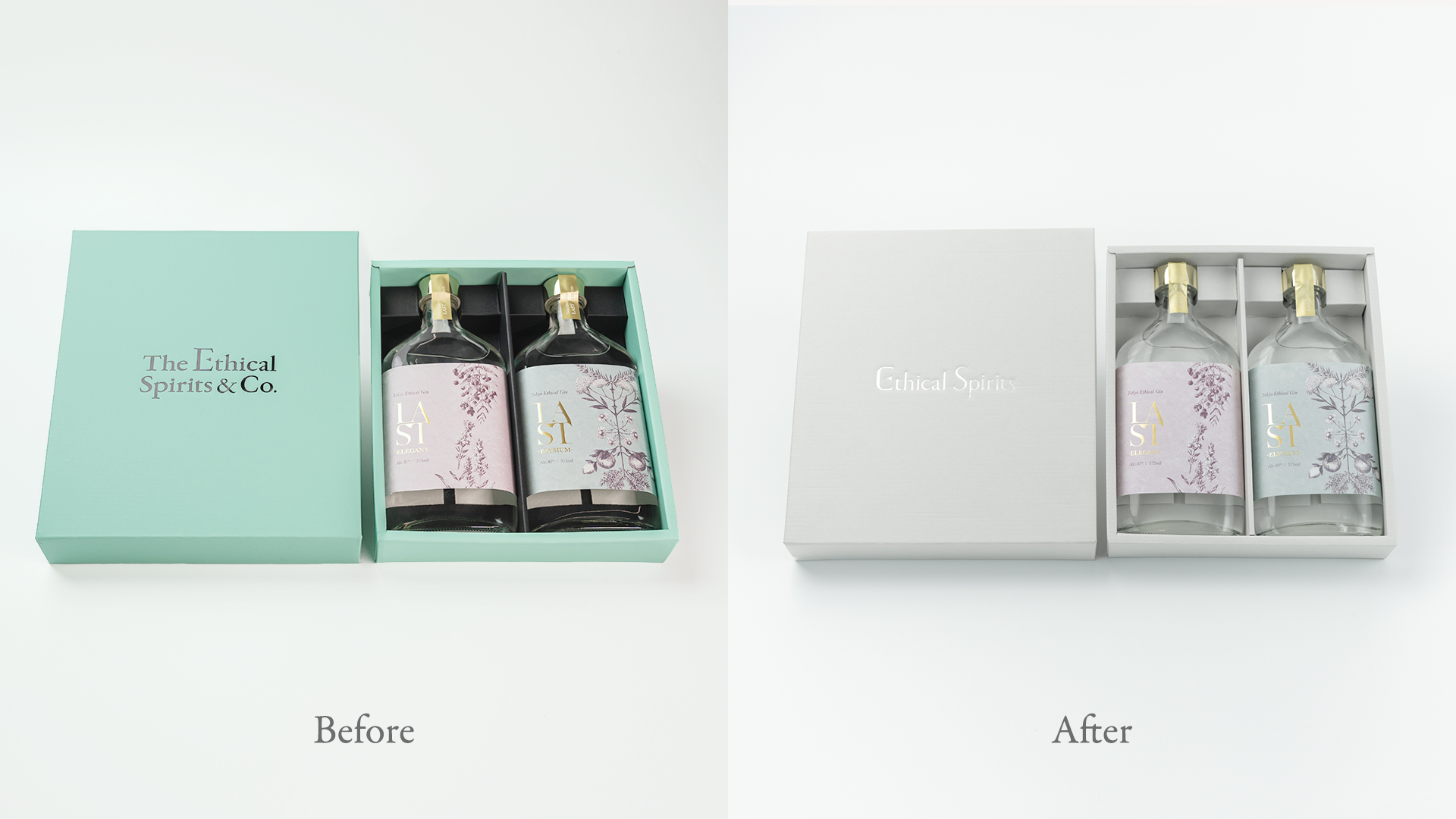 これまでエシカルブルーのインクを塗っていたギフトボックスは、紙そのものがグレーの素材に、銀色の箔のみを押したデザインに変更します。