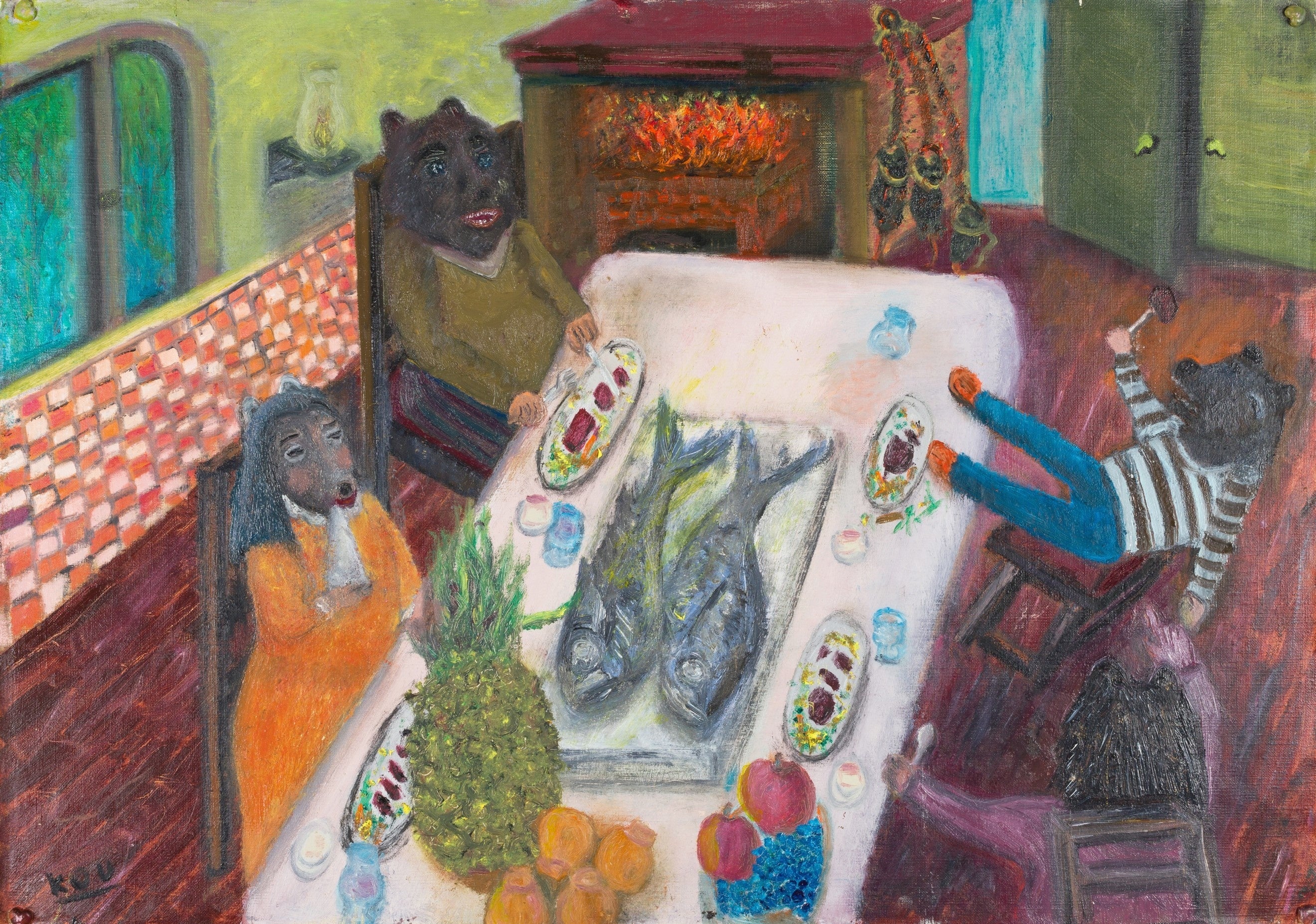 《HUMANiMAL-くまの家族》 513×725mmプラスティック段ボール、キャンバス、油彩　2020年