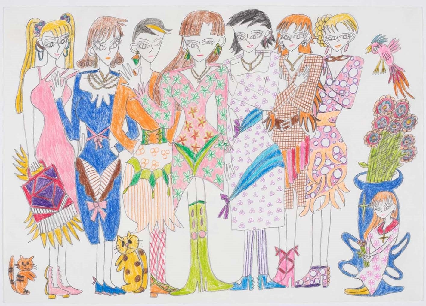 桝田千恵子《ファッションショー1 美少女》 2020年|255×362mm|鉛筆、色鉛筆、紙