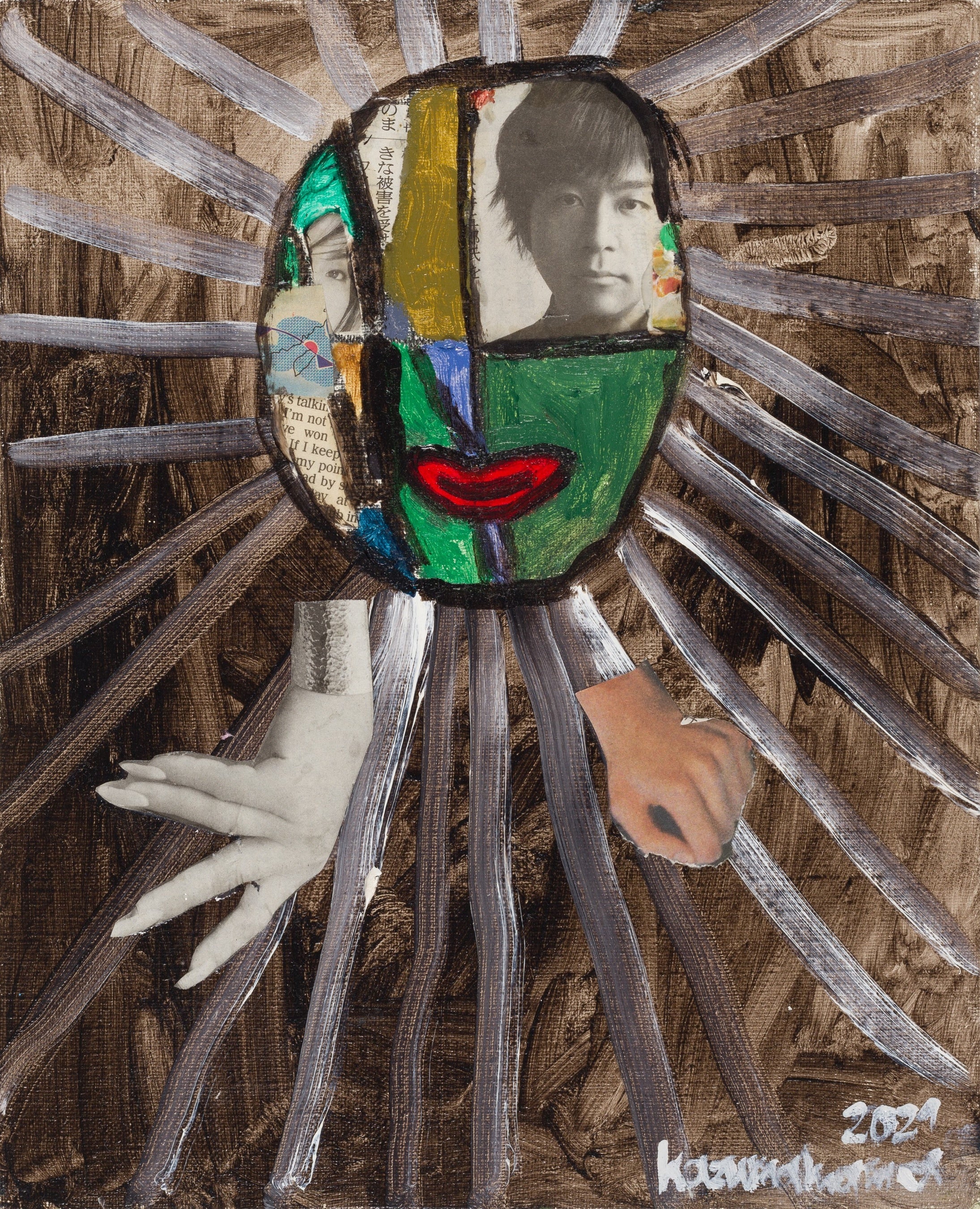 岩間一真　《自画像》 2021年　273×222mm　 油彩、新聞紙・キャンバス