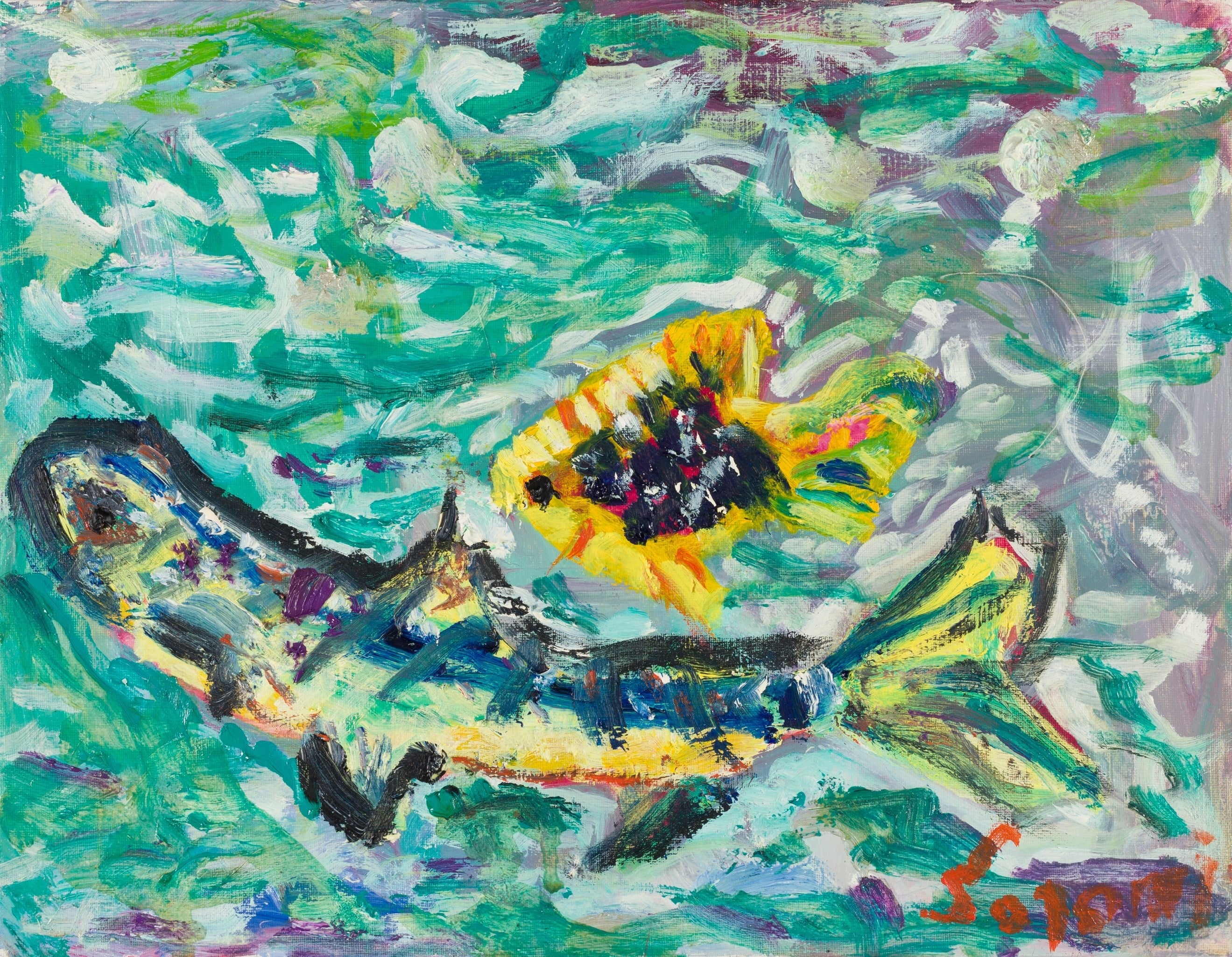 岡安聖美　《泳げ、熱帯魚》 2019年　320×410mm　 油絵具・キャンバス