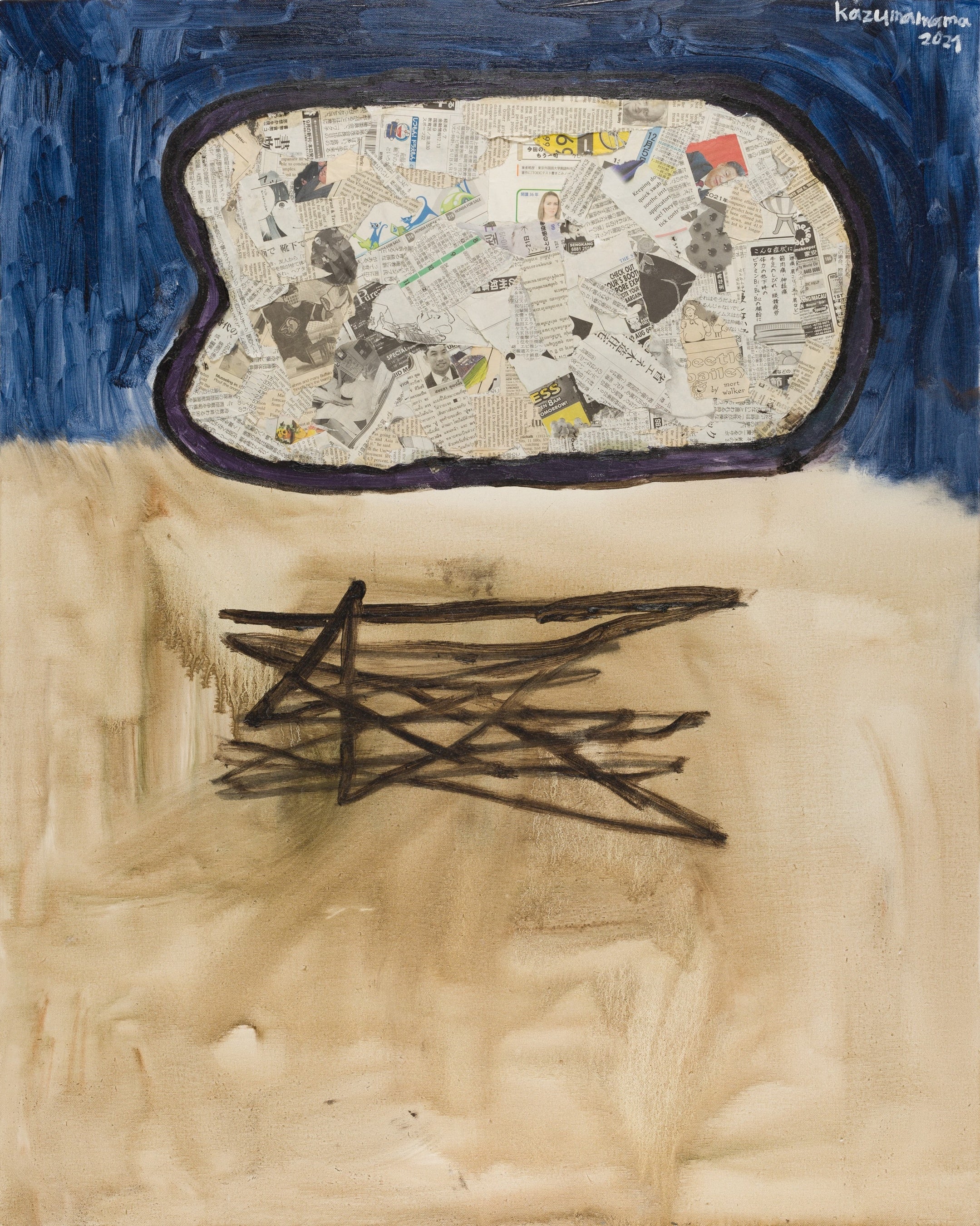 岩間一真　《2022 2-34》 2021年　910×729mm 油彩、新聞紙・キャンバス