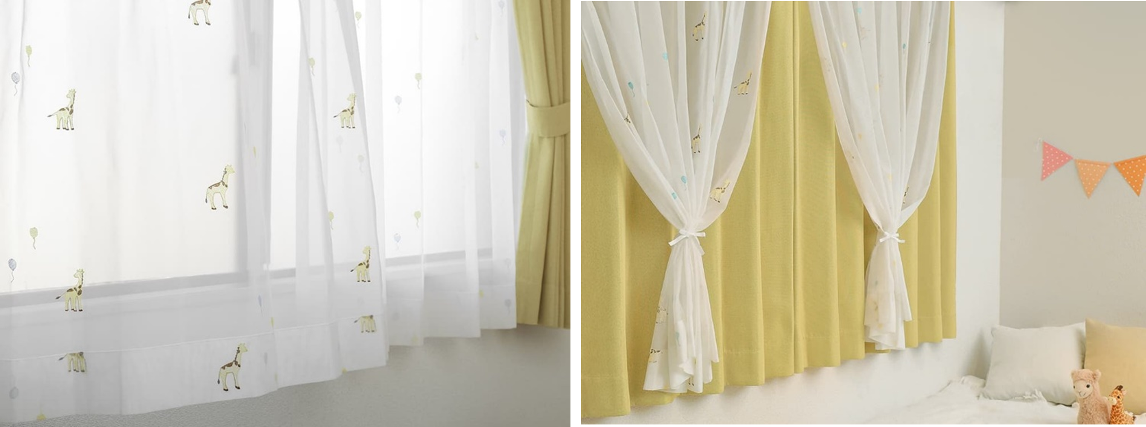 子供が大好きな動物をレースカーテンへ。キリン・うさぎ柄の刺繍
