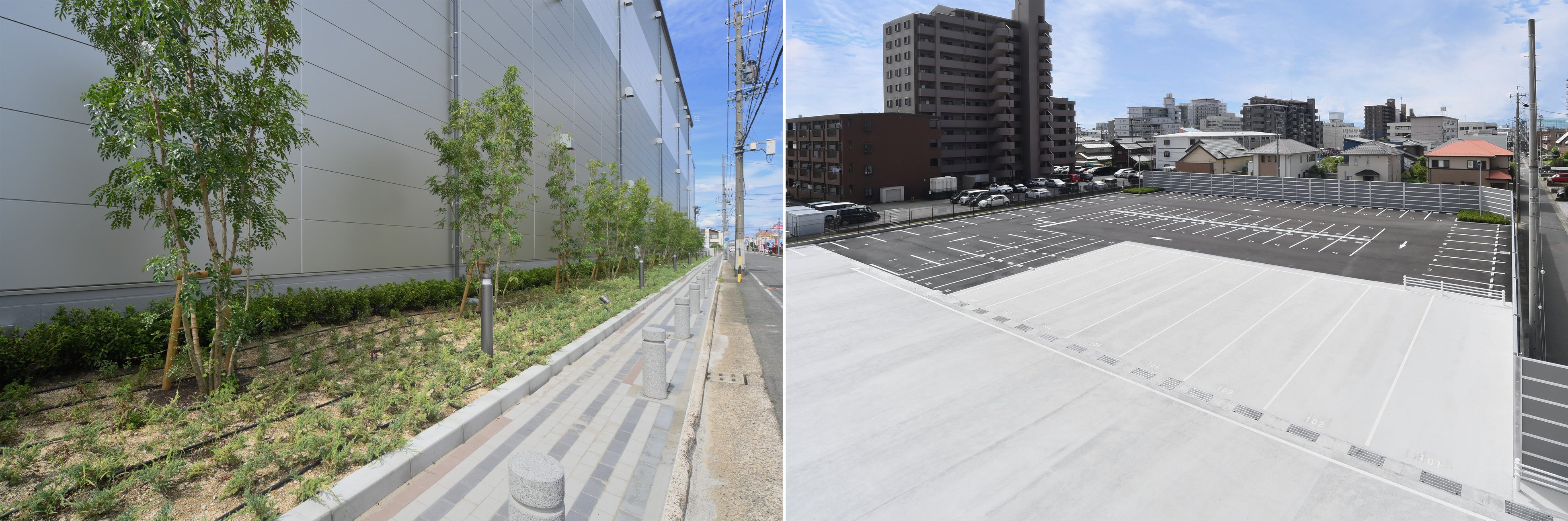 左）歩道状空地と緑地帯　右）大型トラック待機場