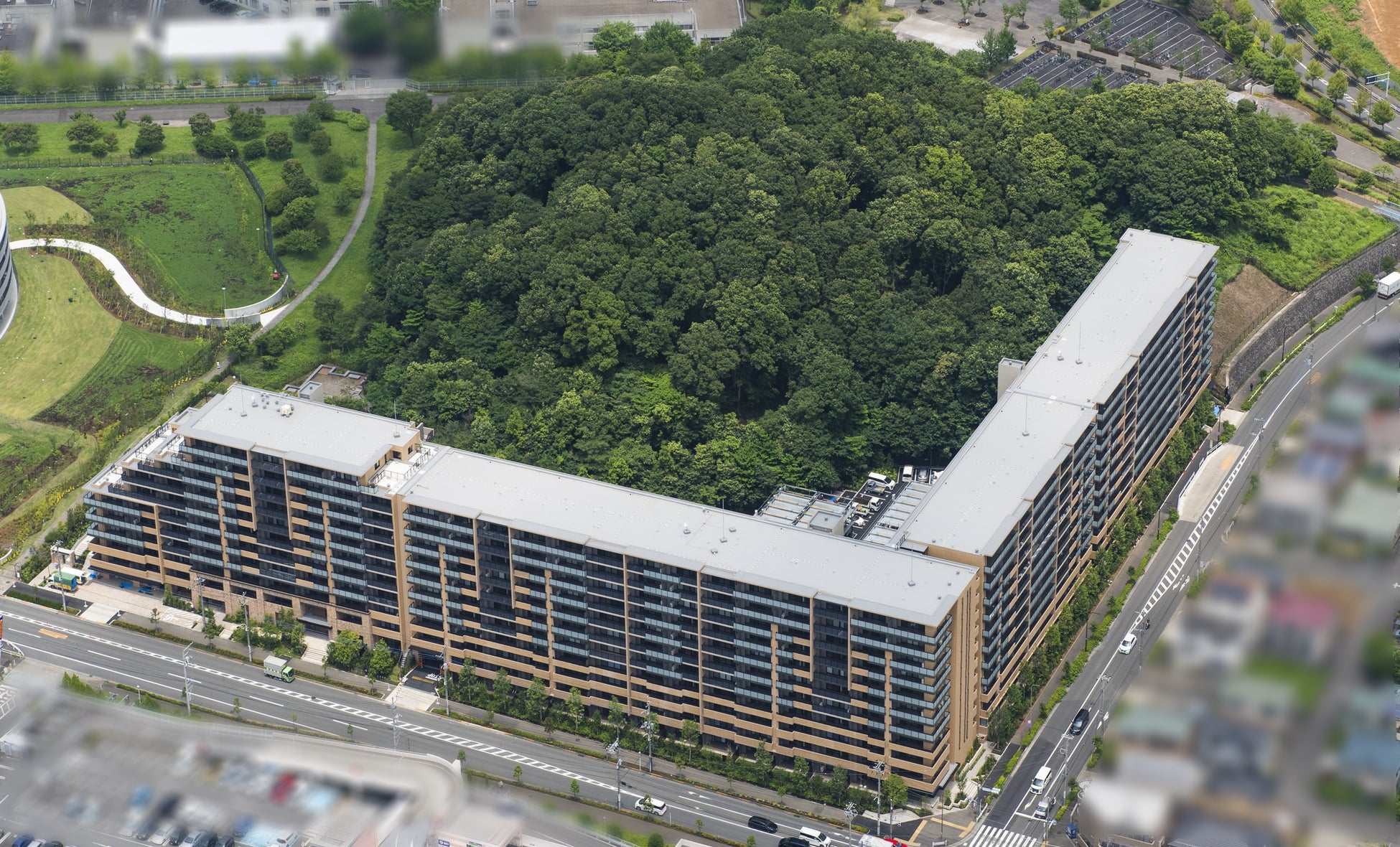 民有緑地「さとやまの森」を中央に配した敷地全景