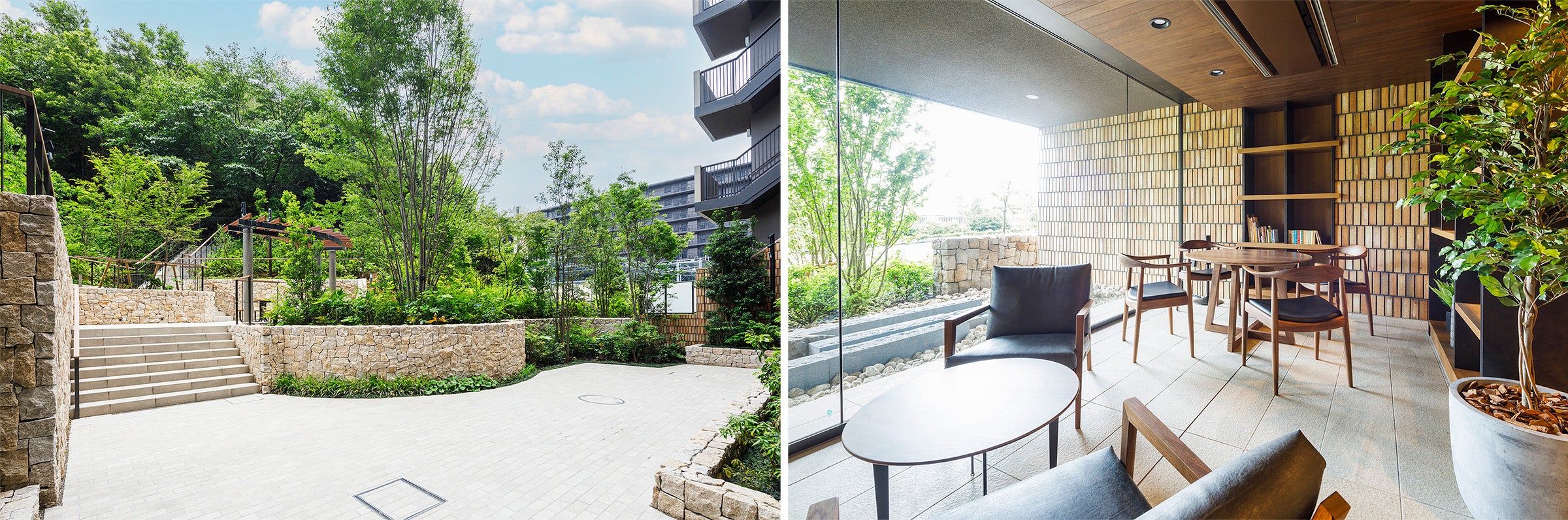 左）森と住棟、森と人をつなぐ憩いの場「フォレストテラス　右）さとやまの森を感じながらくつろげる「ラウンジ」