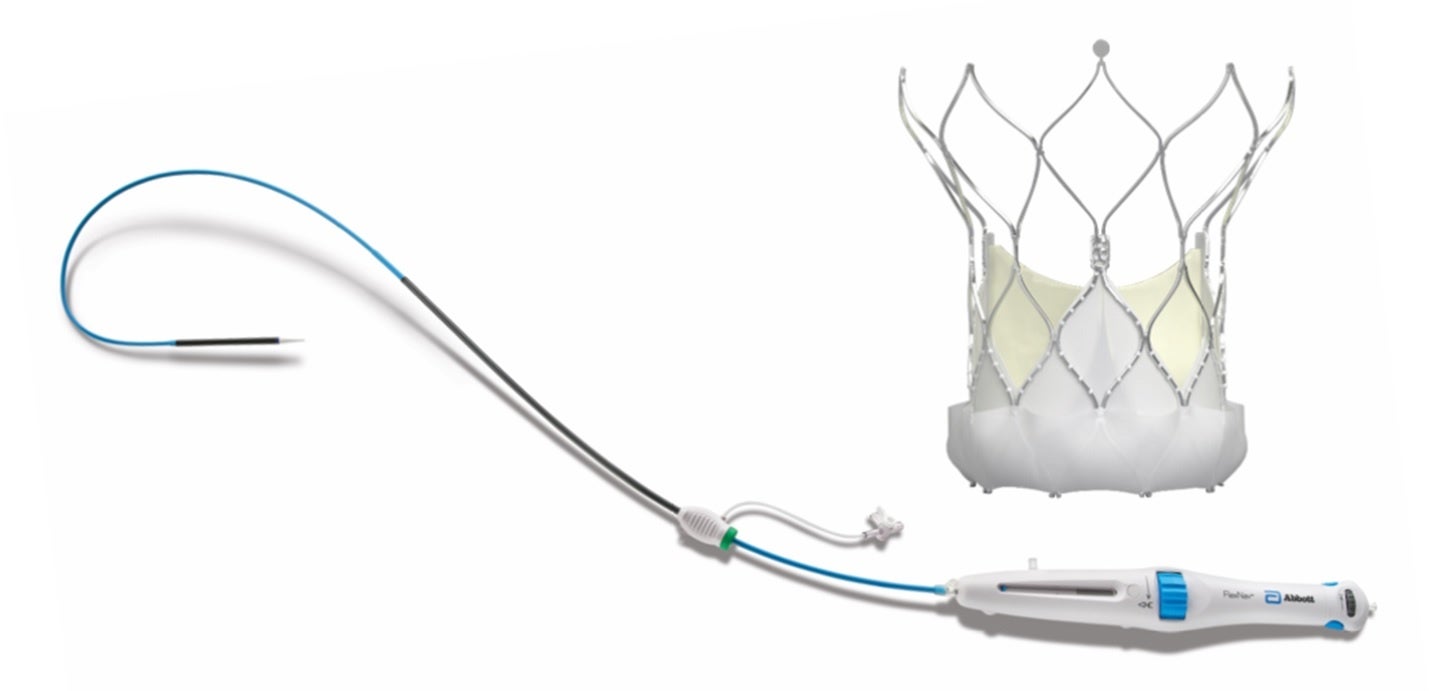 Navitor 経カテーテル生体弁システムの構成品である生体弁（右上）と、デリバリーシステム（下）