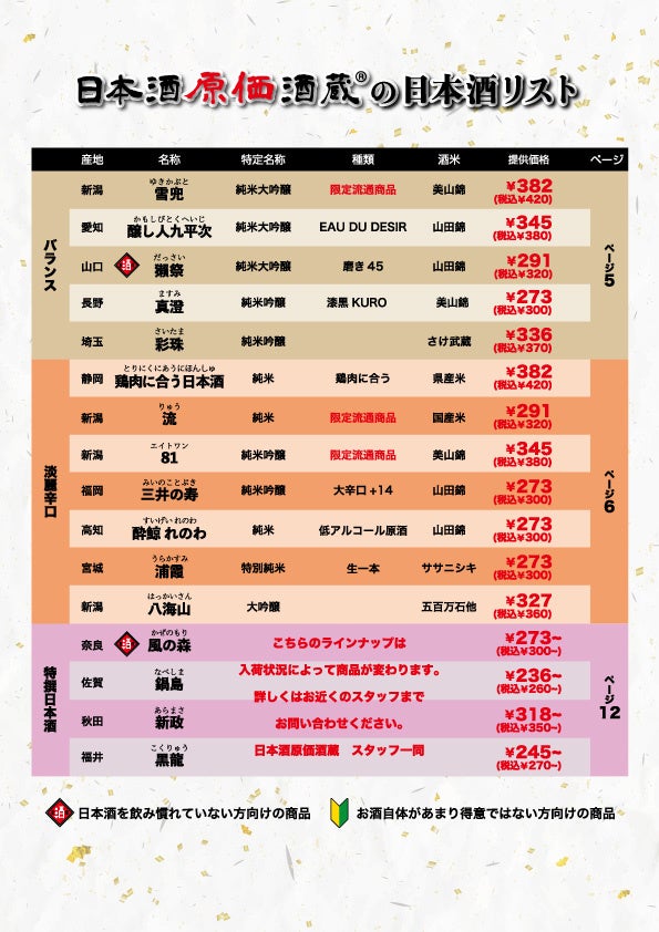 池袋店、大宮店日本酒メニュー1