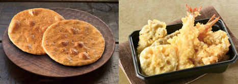 写真左：「天丼つゆせんべい」／写真右「「秋の実り天丼」