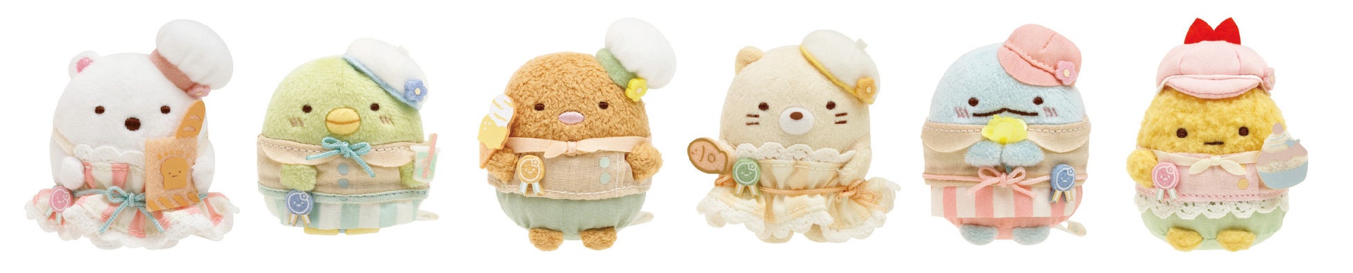 画像左からしろくま、ぺんぎん?、とんかつ、ねこ、とかげ、えびふらいのしっぽ