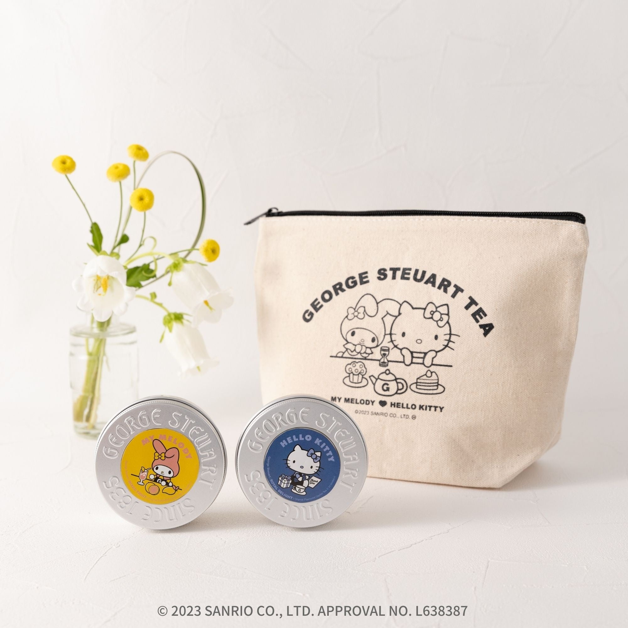 【ハローキティ♡マイメロディ】オリジナルポーチとミニ缶紅茶（２缶セット）　3,600円（税別）