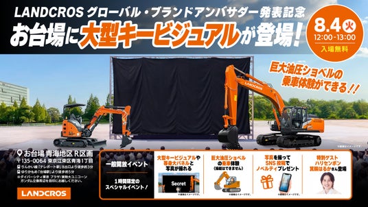 日立建機、世界的アスリートをグローバル・ブランドアンバサダーへ起用8月4日(火)12時からお台場に大型ブランドキービジュアル一般公開巨大油圧ショベルの乗車体験も実施 日立建機、世界的アスリートをグローバル・ブランドアンバサダーへ起用8月4日(火)12時からお台場に大型ブランドキービジュアル一般公開巨大油圧ショベルの乗車体験も実施