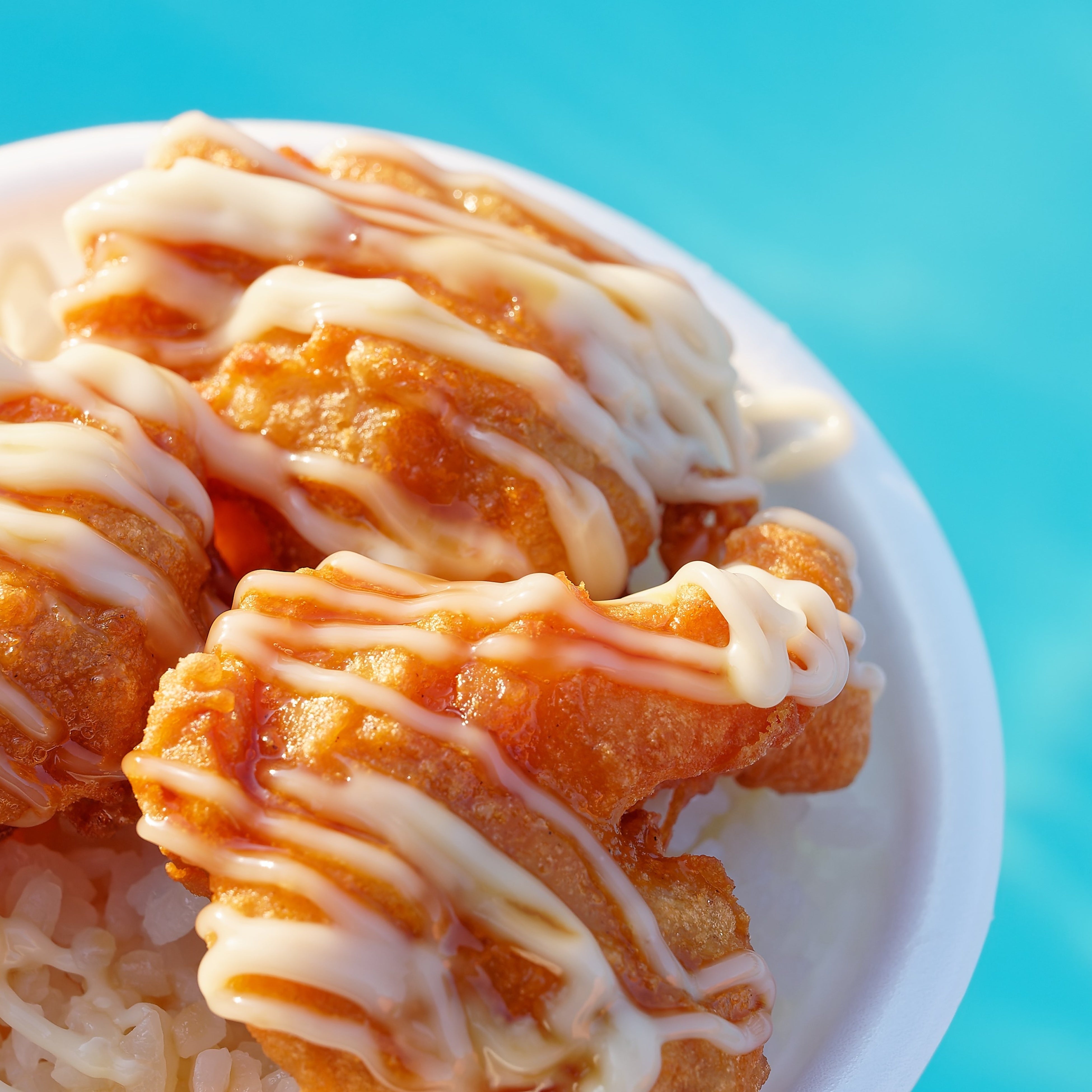 ミニから丼　（税込500円） ミニサイズのからあげ丼。 甘いたれとマヨネーズの相性抜群！ @屋外エリア「グリズリージョー」