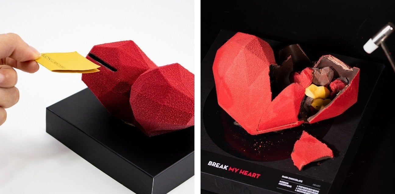（写真左）ハートを割る前にメッセージをハートの中へ （写真右）中にはハート形チョコレートが3種類