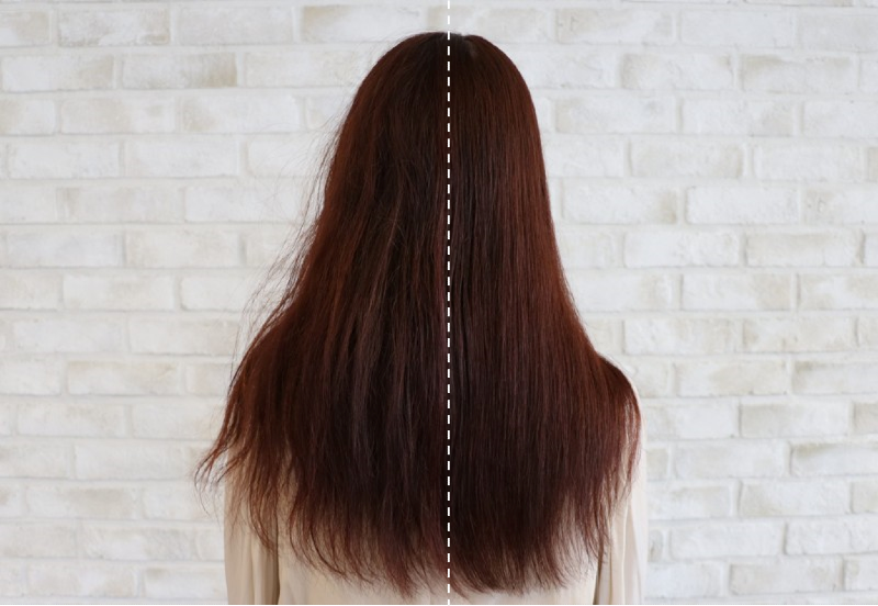 （左）ブラッシング前（右）ブラッシング後 やさしく梳かすだけでスッと絡まりを解き、サラサラ艶やかな髪に！