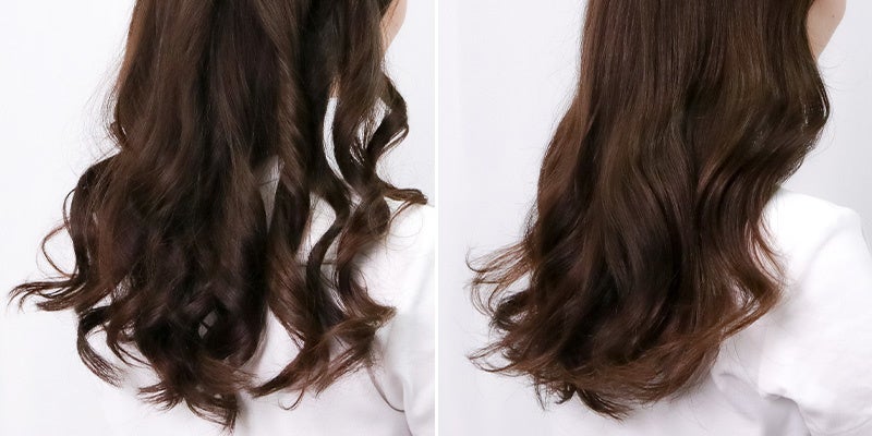 (左)コテで巻いたままの髪(右)ザ・アルティメットスタイラーでなじませた髪