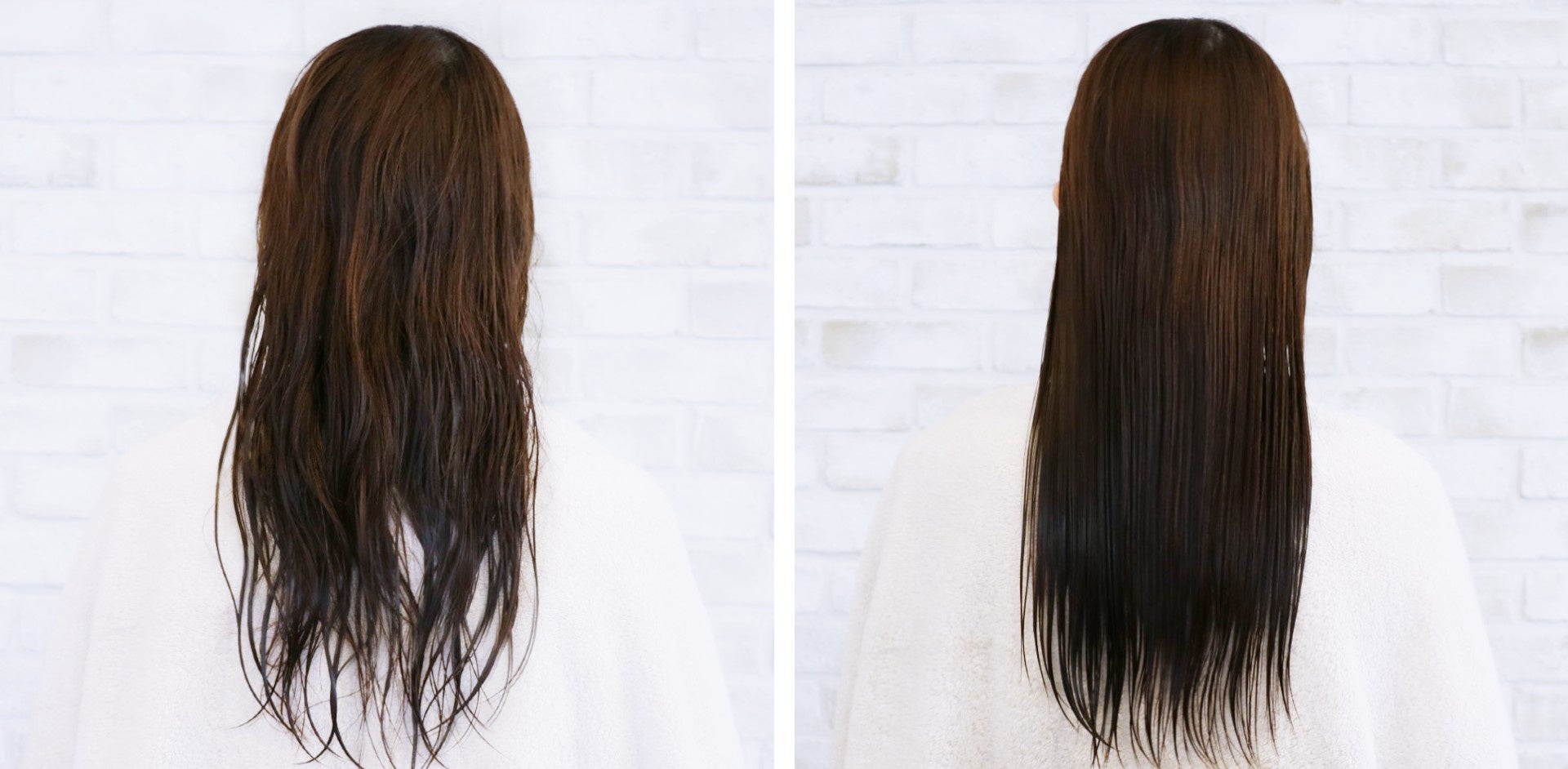 （左）お風呂上り、タオルドライのみ　（右）全体をブラッシング