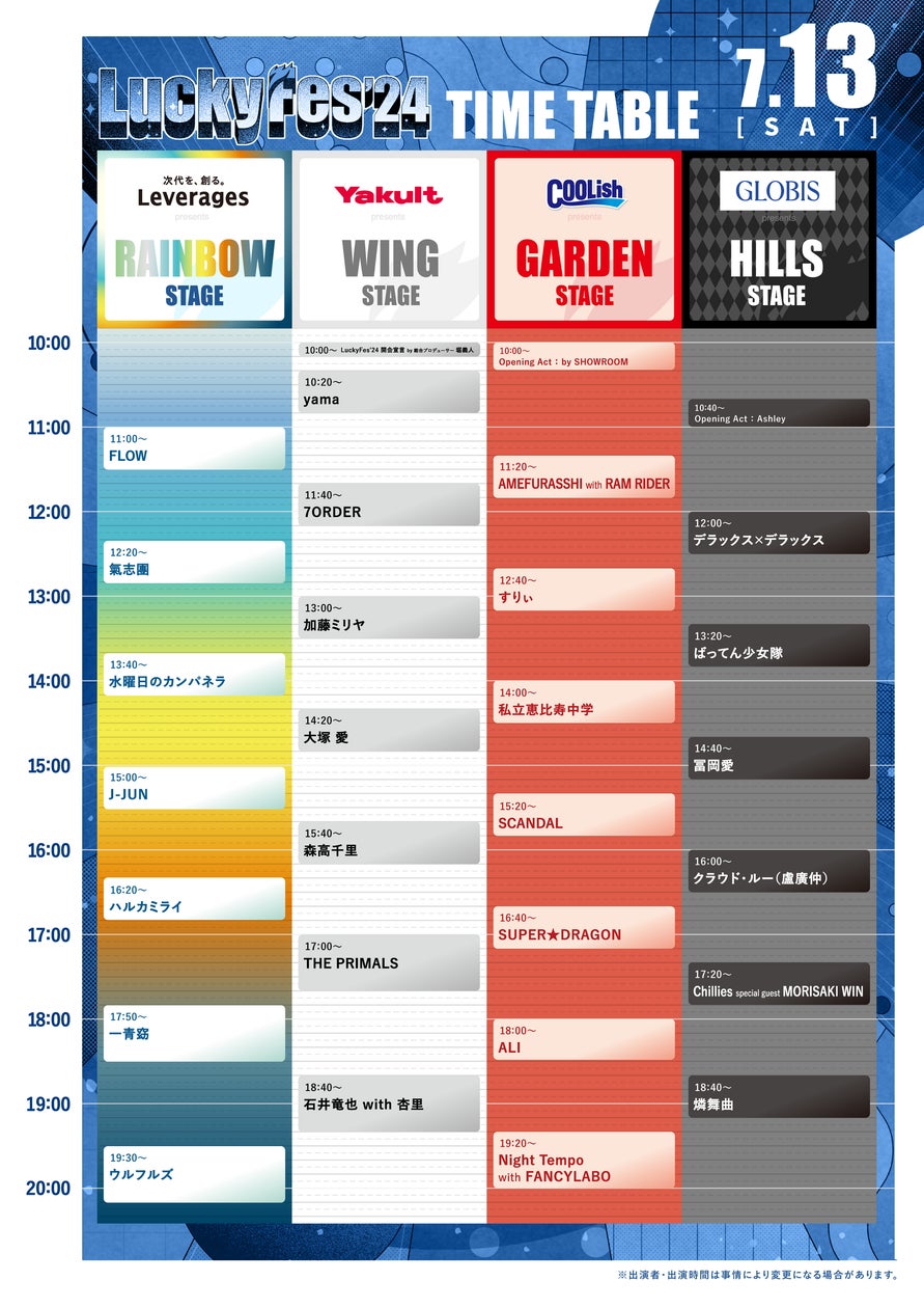 LuckyFes、タイムテーブルを発表!高橋優、藤巻亮太らを加え総勢110組のアーティストが集結。yamaから始まり、ヘッドライナーのウルフルズ、Novelbrightを経てNEWSでフィナーレへ | 株式会社LuckyFM茨城放送のプレスリリース