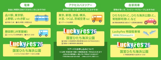 LuckyFes’26に上野駅発朝夜JR特急増便決定!勝田駅発シャトルバスや東京ターミナル駅・つくば駅・茨城空港発のアクセスバスも拡充。駐車場も完備。行きも帰りも快適に! LuckyFes’26に上野駅発朝夜JR特急増便決定!勝田駅発シャトルバスや東京ターミナル駅・つくば駅・茨城空港発のアクセスバスも拡充。駐車場も完備。行きも帰りも快適に!