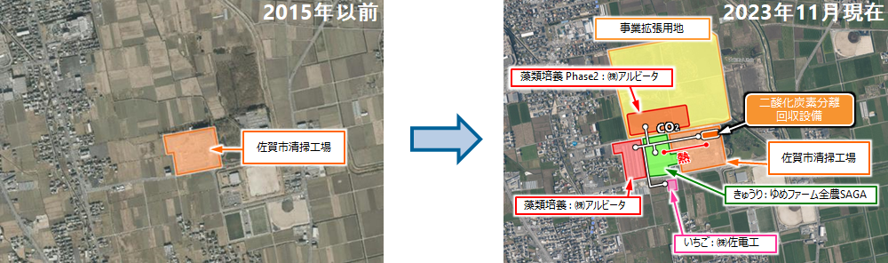 佐賀市清掃工場周辺の変化の様子。二酸化炭素分離回収事業の取り組みを機に周辺には関連産業が集積（日本語版）