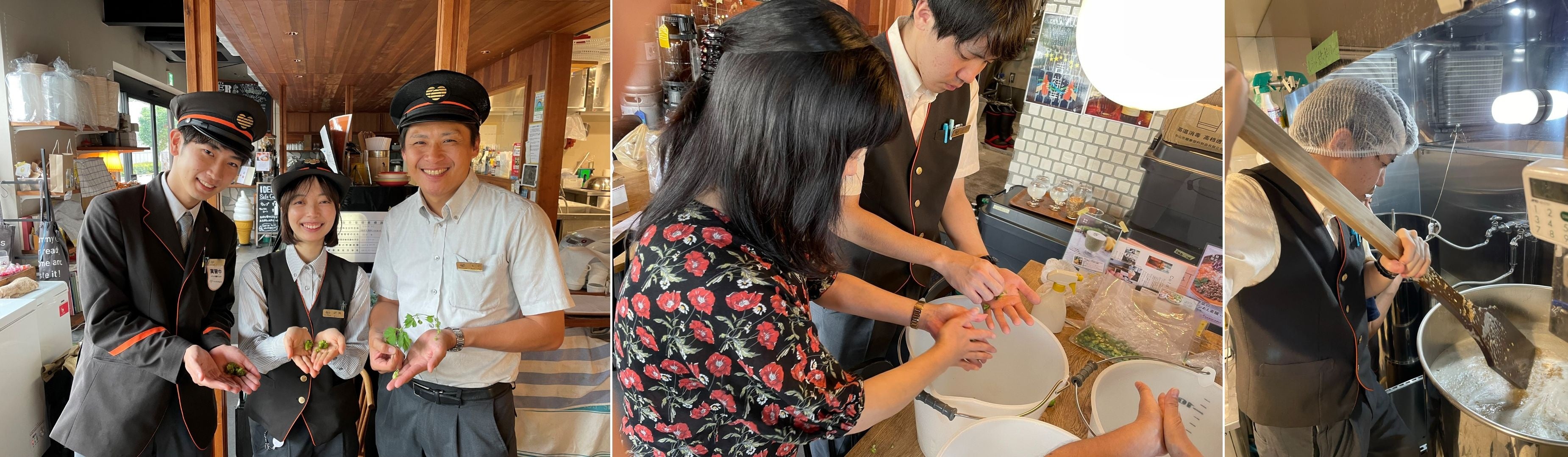 過去の醸造体験の様子 ［ホップを持つ駅社員（左）・ホップ揉み（中）・攪拌（右）］