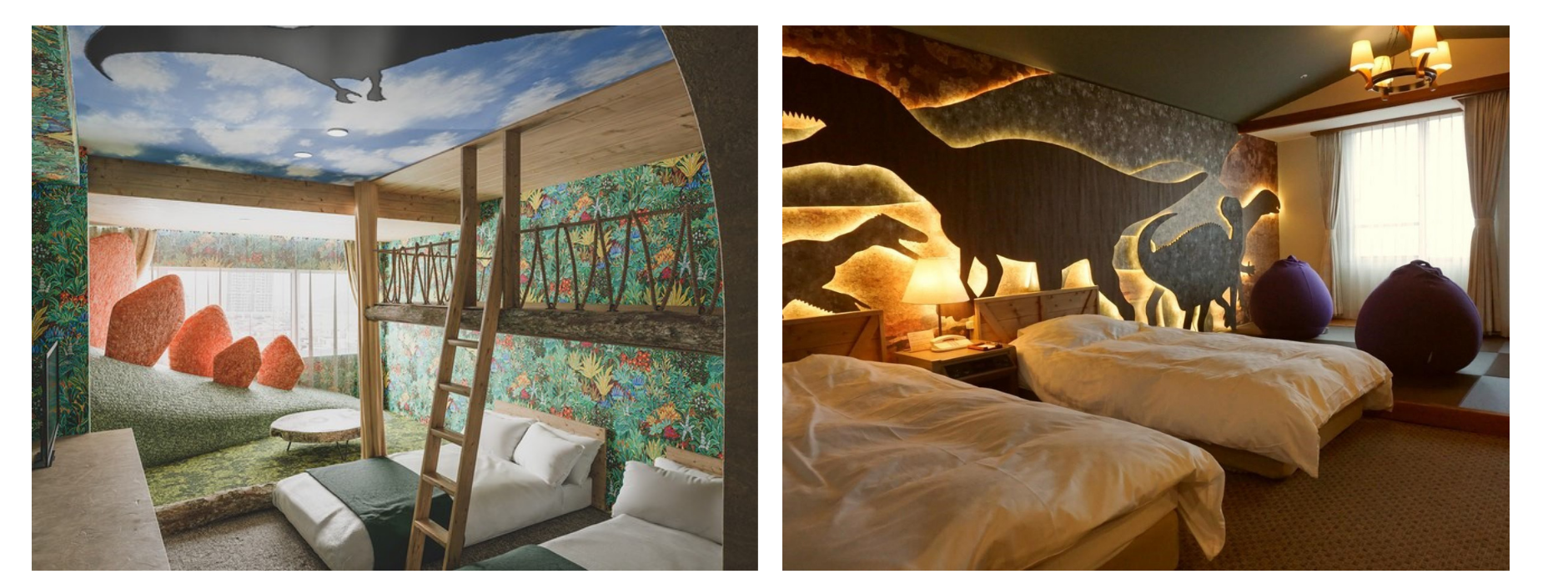 写真左）勝山ニューホテル「Dino Amazing Room」　写真右）スキージャム勝山「恐竜ラボルーム」