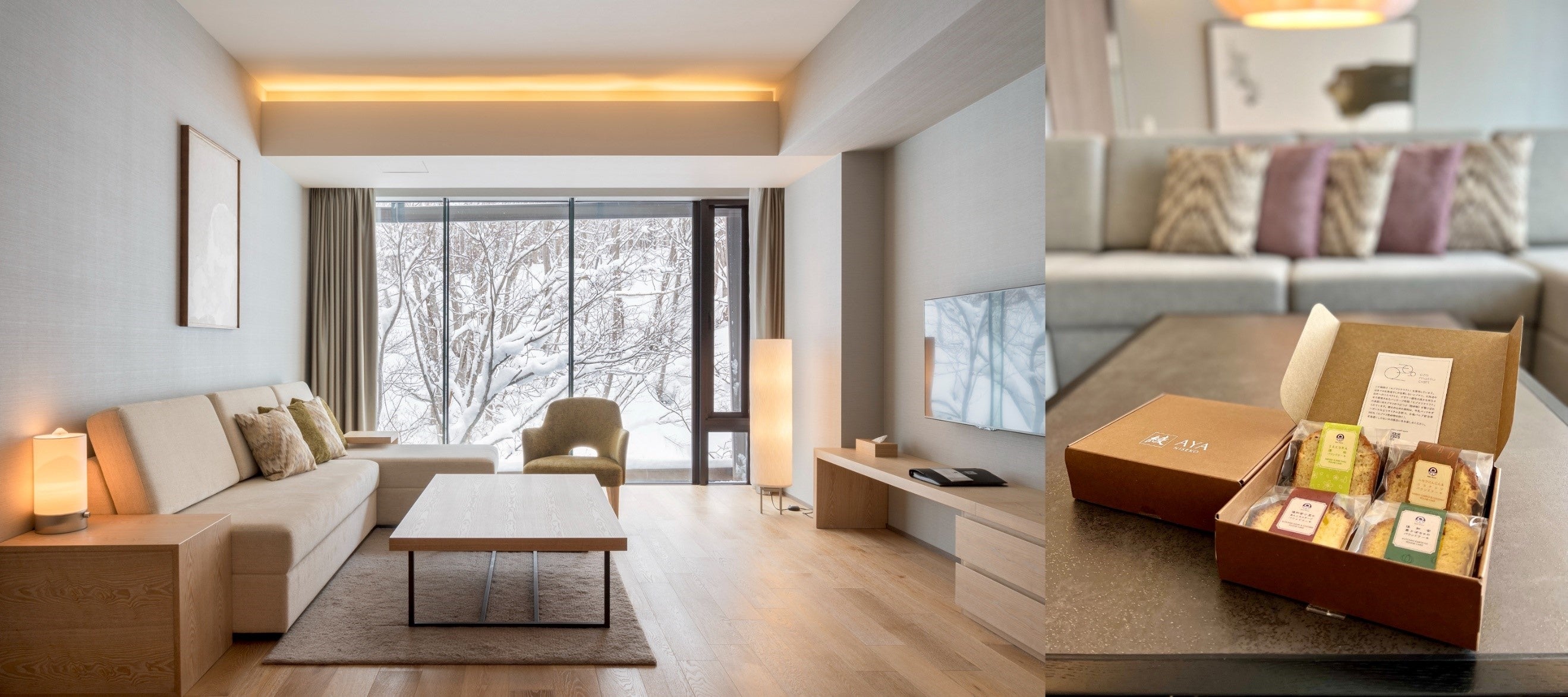 ゆっくりとご滞在いただける多彩な部屋タイプをご用意（写真左、2ベッドルームフォレストビュー）。 冬季はウェルカムスイーツとして地元「ナオバンズ」のパウンドケーキをご用意（写真右）。