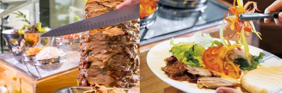 焼き立てをブッフェ台で切り分けてご提供するドネルケバブやお好きな野菜をチョイスできるサラダバー