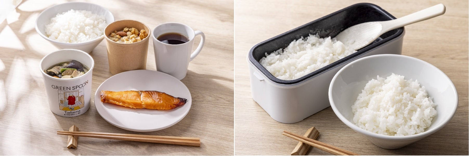 左：豚汁や焼き魚などの和食メニュー例　右：小型炊飯器（貸出）で炊き立てのご飯を味わえます