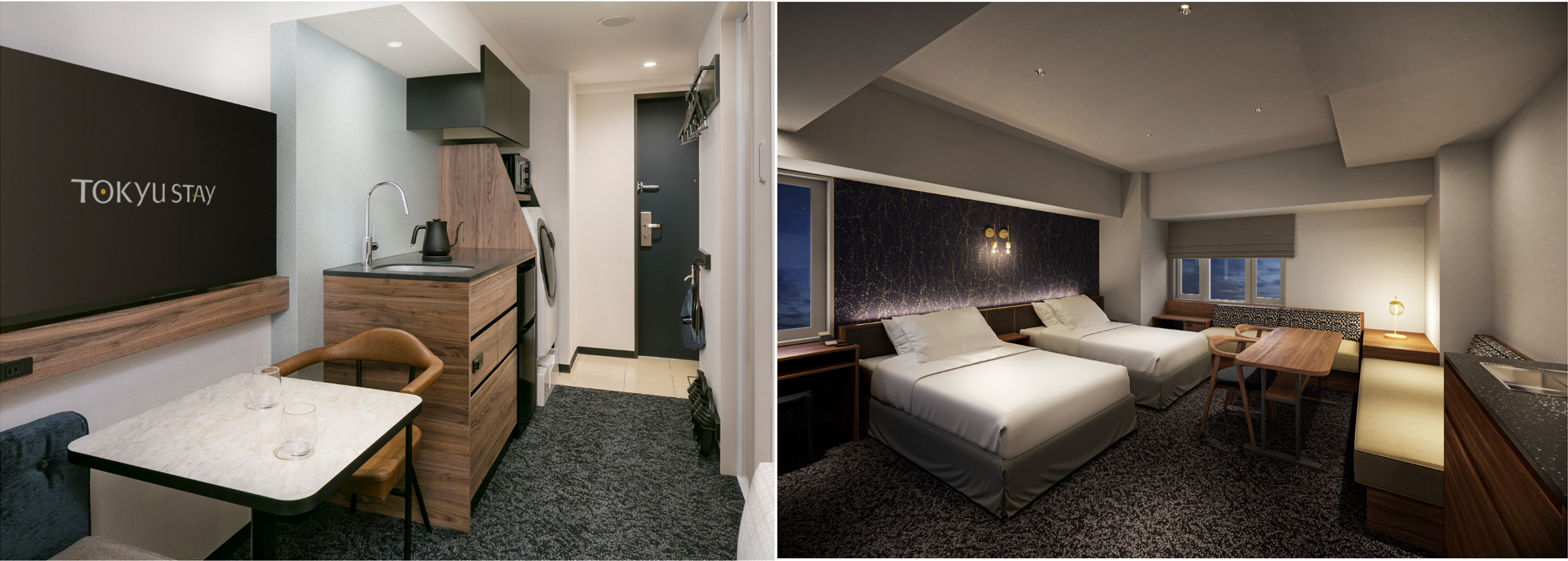 左：洗濯乾燥機や2ドア冷凍冷蔵庫を配した客室　右：「レジデンシャルファミリー」完成イメージ図